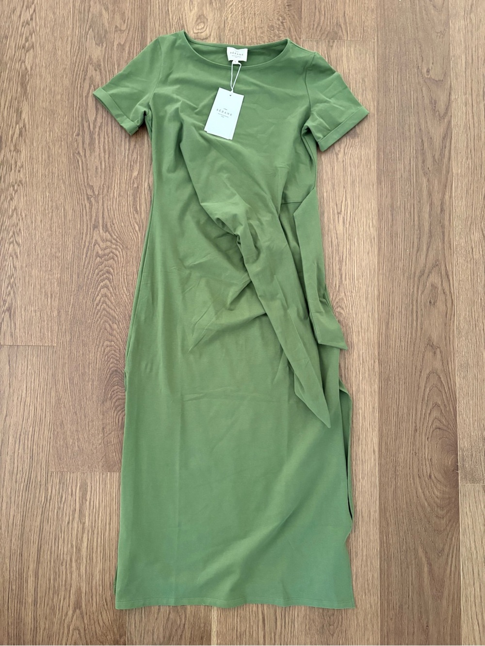 Sezane Olive Midi Dress with Short Sleeves